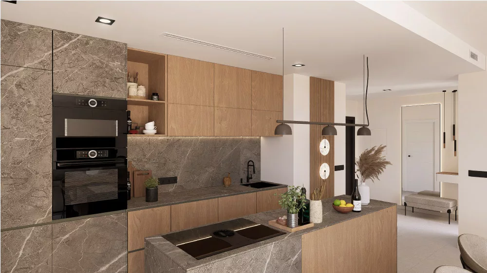 open kitchen with built-in appliances and wooden cabinets