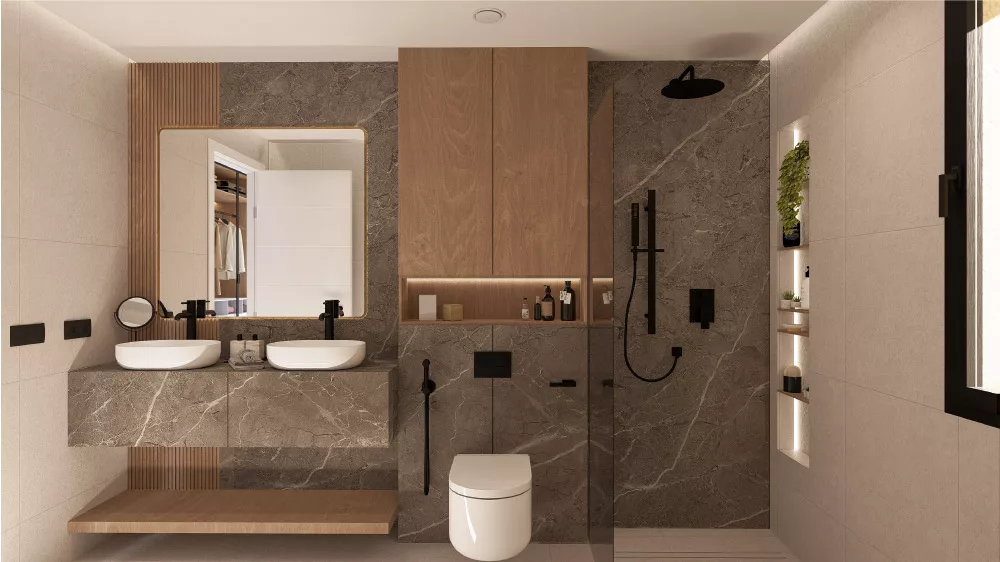 large modern bathroom for two people