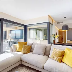 living room and sofas with pool views villa Murcia Balance Las Vistas