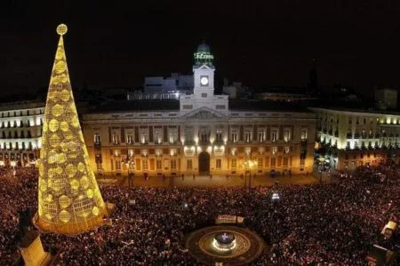 Crowds celebrating New Year’s Eve at Puerta del Sol in Madrid, one of Spain’s most iconic New Year celebrations.