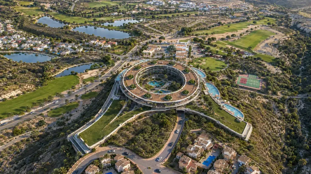 Aerial view of the circular WOW Longevity Hotel surrounded by golf course and lakes at Altaona Resort, Murcia