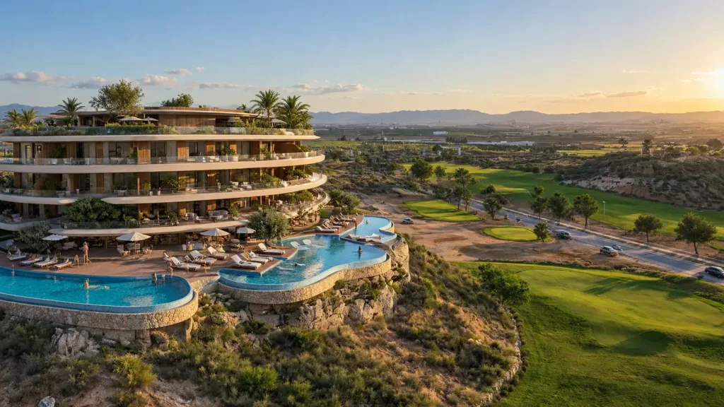 Hillside infinity pools and sun loungers of the WOW Longevity Hotel beside the Altaona golf course, Murcia