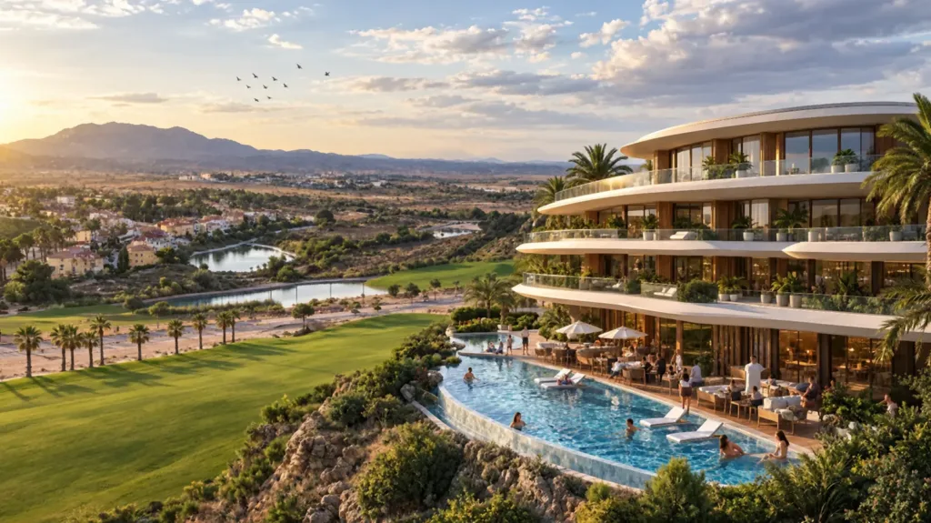 Infinity pool en terrasrestaurant van het WOW Longevity Hotel naast de golfbaan van Altaona in Murcia