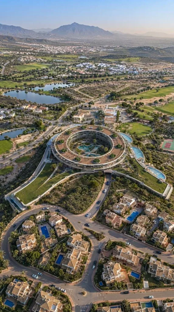 Aerial view of the circular WOW Longevity Hotel among the villas, lakes and golf course of Altaona Resort, Murcia
